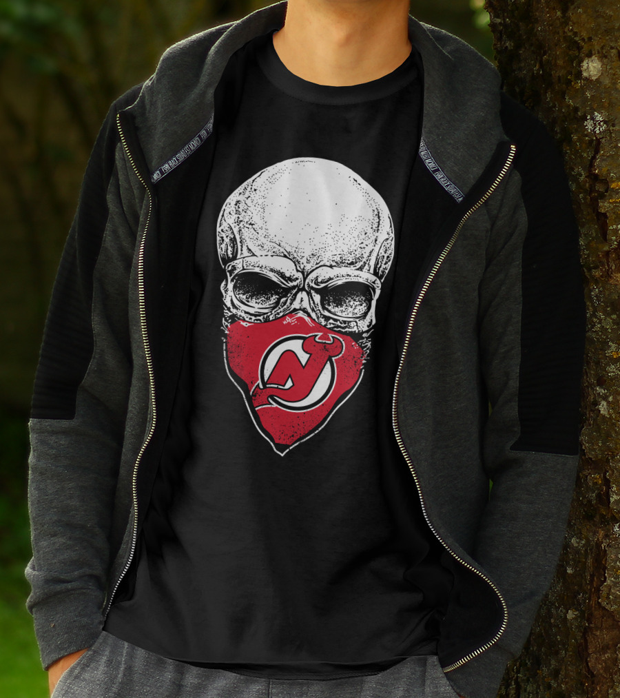 Skull With New Jersey Devils Logo As Face Mask T-Shirt
