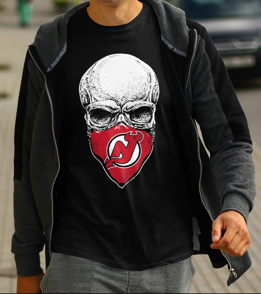 Skull With New Jersey Devils Logo As Face Mask T-Shirt