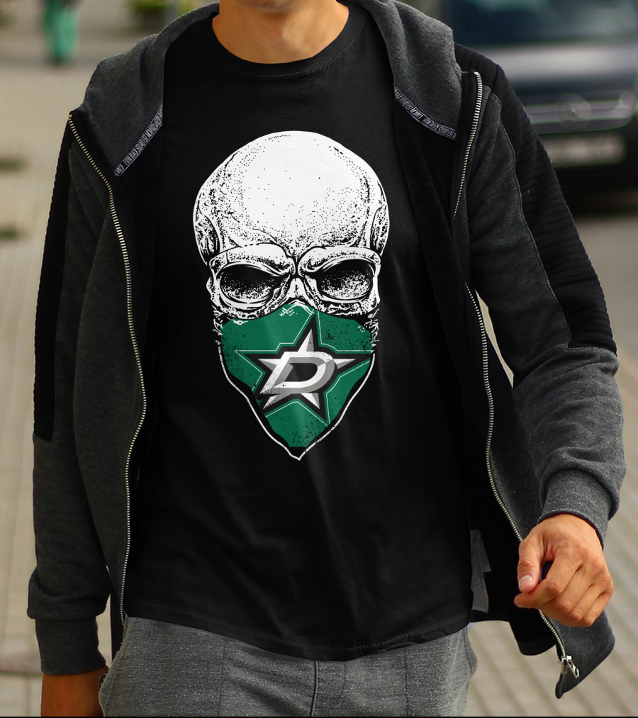 Dallas Stars Skull Mask With Team Logo On Black T-Shirt