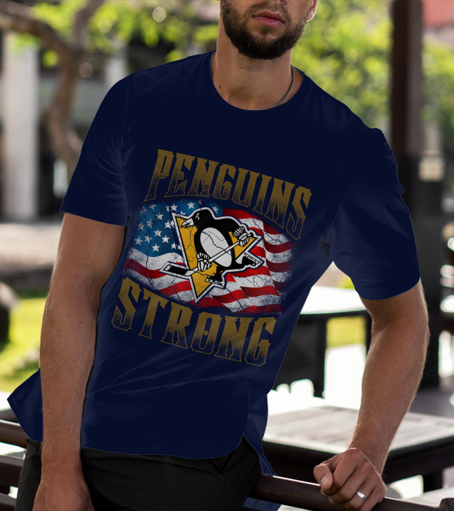Penguins Strong American Flag Hockey T-Shirt