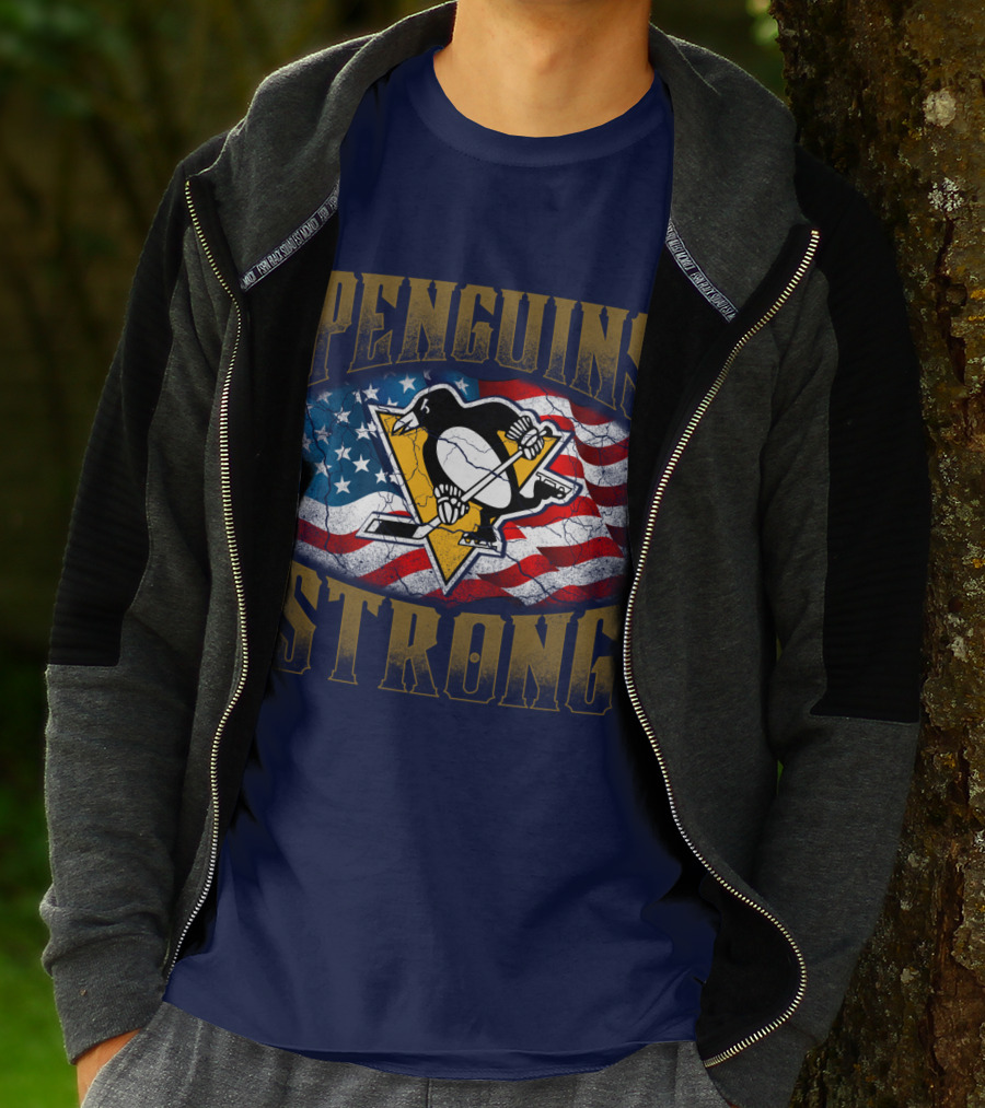 Penguins Strong American Flag Hockey T-Shirt