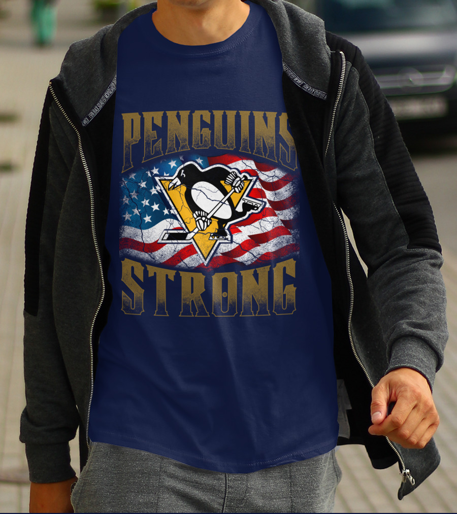 Penguins Strong American Flag Hockey T-Shirt