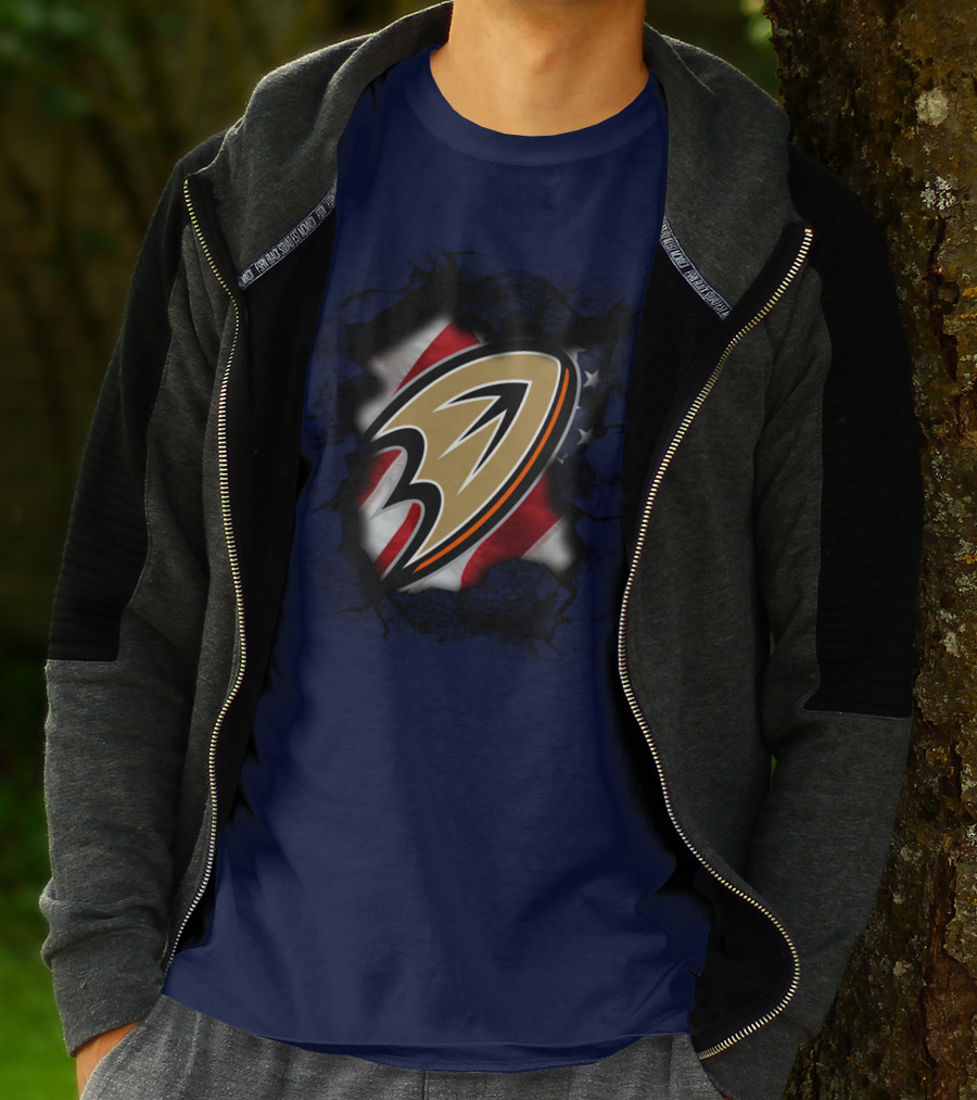 Anaheim Ducks Logo With American Flag Backdrop T-Shirt