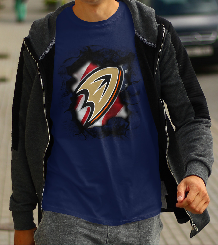 Anaheim Ducks Logo With American Flag Backdrop T-Shirt