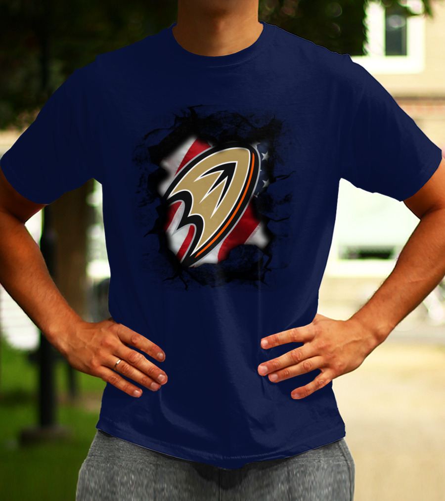 Anaheim Ducks Logo With American Flag Backdrop T-Shirt