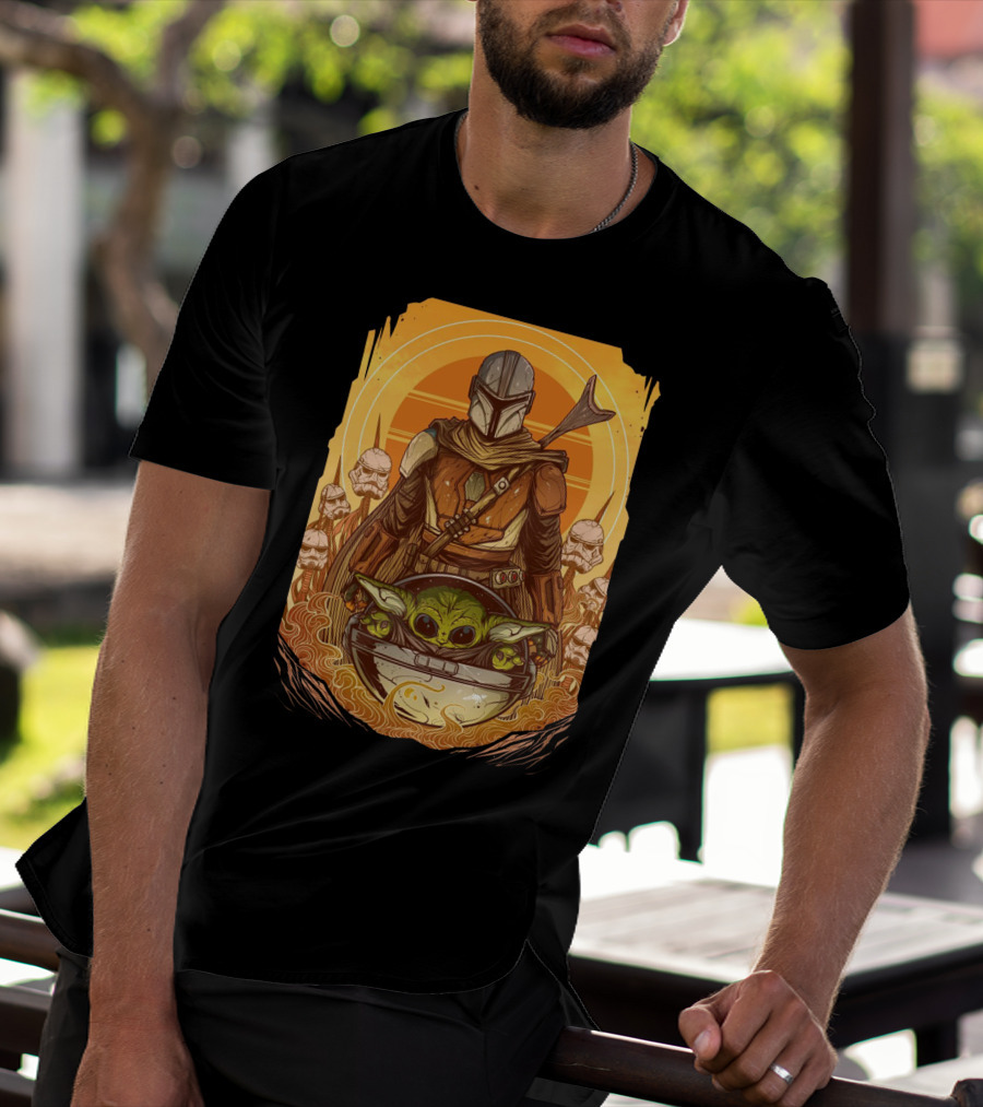 Mandalorian And Baby Yoda With Stormtroopers And Orange Sunset Scene T-Shirt