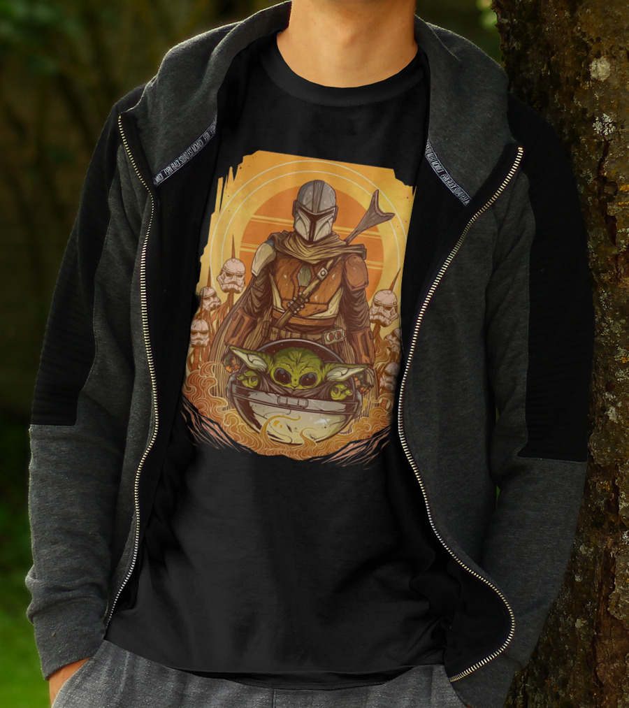 Mandalorian And Baby Yoda With Stormtroopers And Orange Sunset Scene T-Shirt