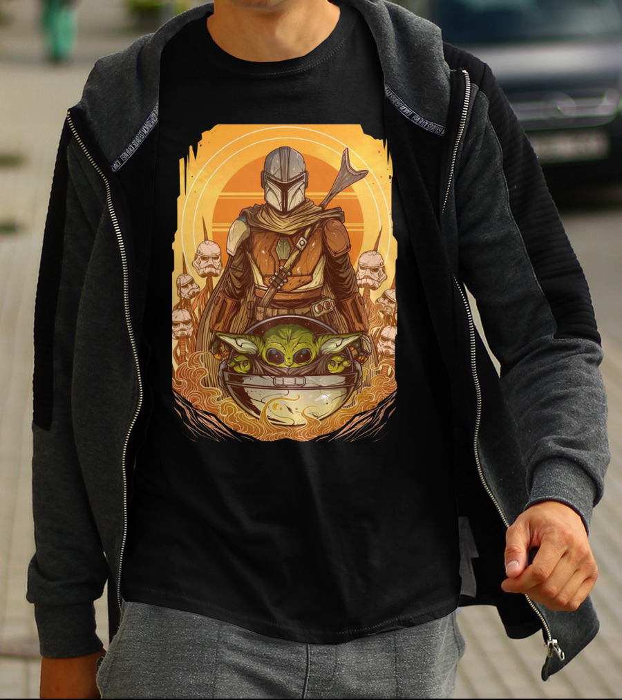 Mandalorian And Baby Yoda With Stormtroopers And Orange Sunset Scene T-Shirt