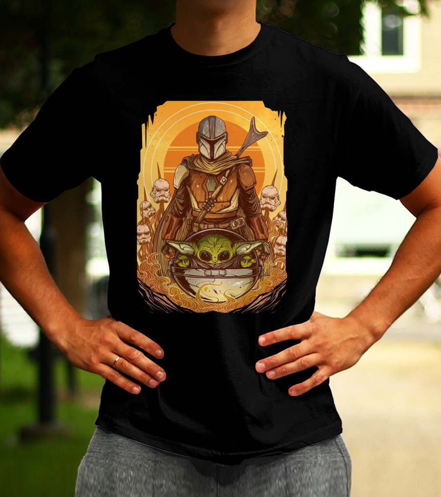 Mandalorian And Baby Yoda With Stormtroopers And Orange Sunset Scene T-Shirt