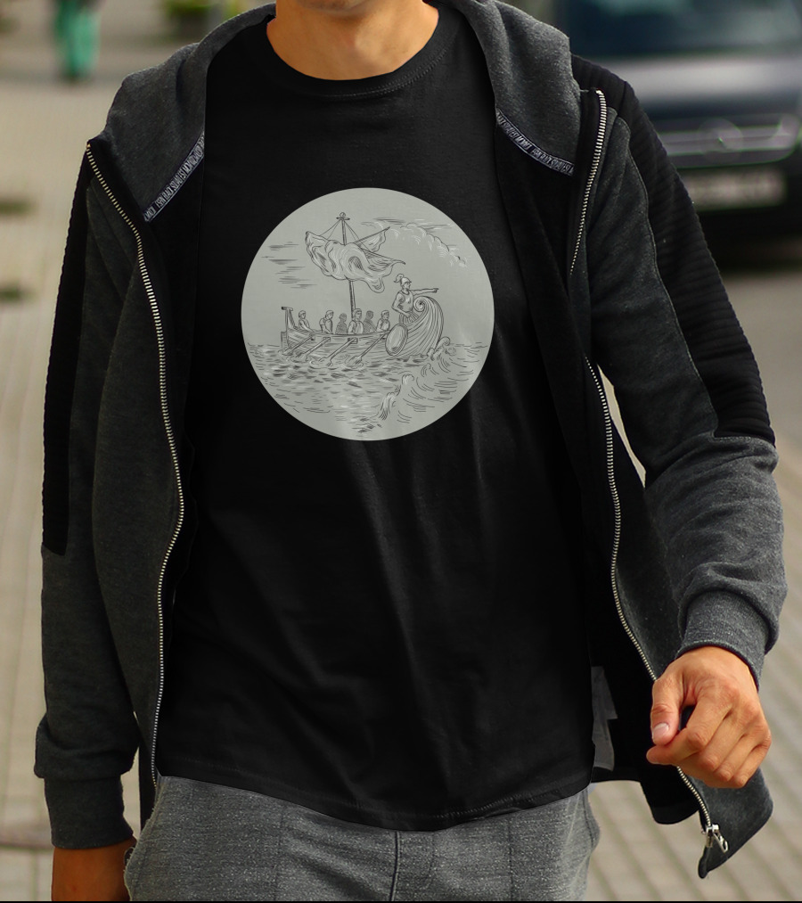 Ancient Greek Trireme Warship Sailing Scene In Circle T-Shirt