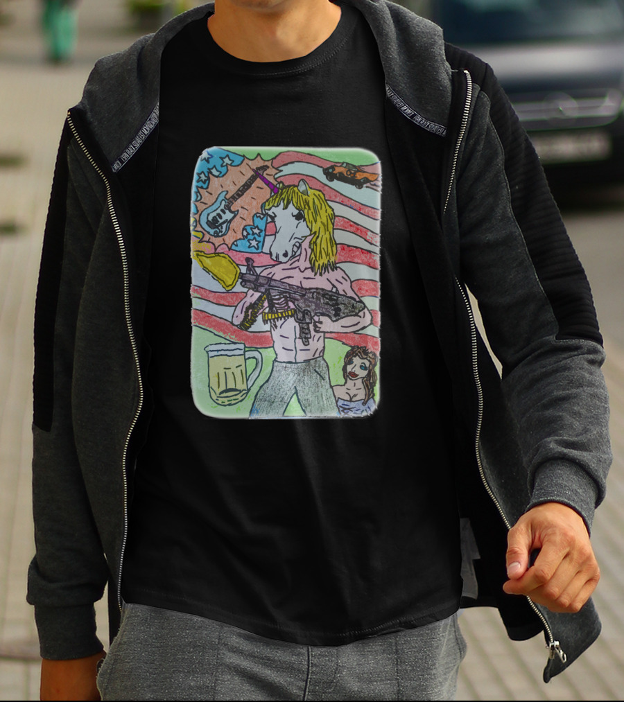 Unicorn Rocker With Guitar And Beer In Hand Against Stars And Stripes With Car T-Shirt