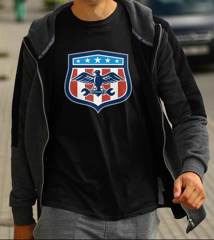 American Eagle Mechanic Crest USA Flag Shield T-Shirt