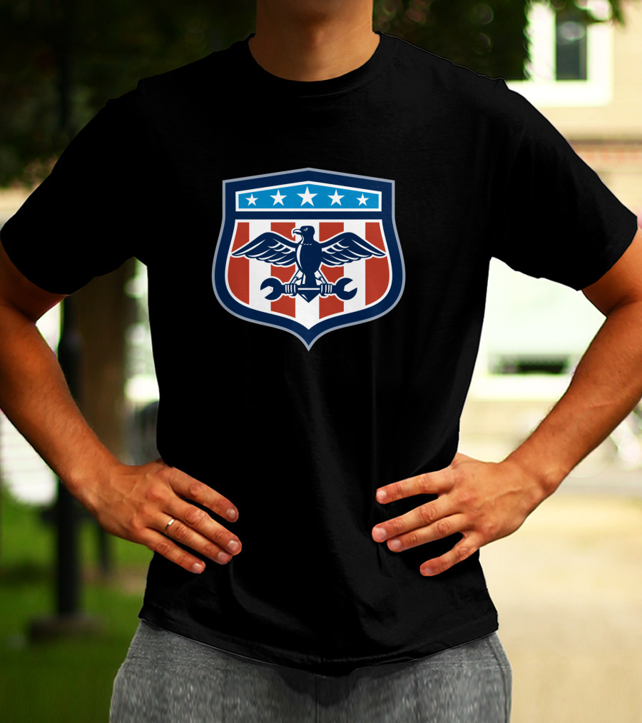 American Eagle Mechanic Crest USA Flag Shield T-Shirt