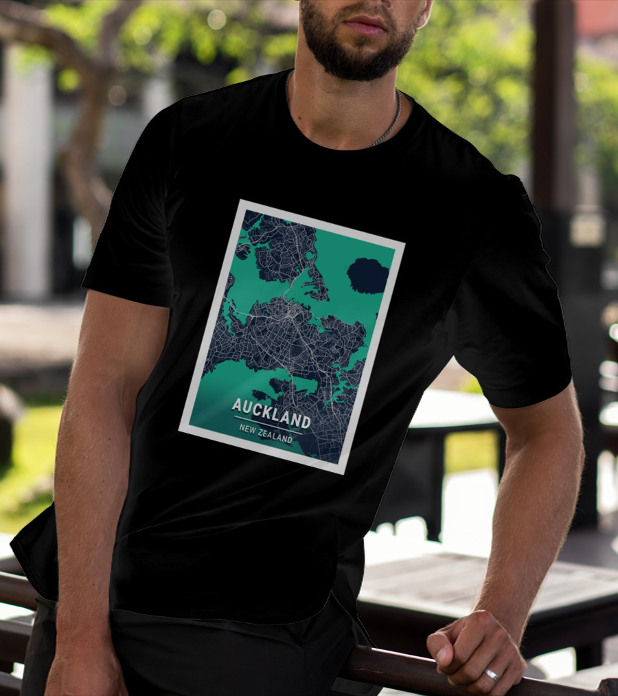 Auckland New Zealand City Map In Blue And Green Outlined T-Shirt