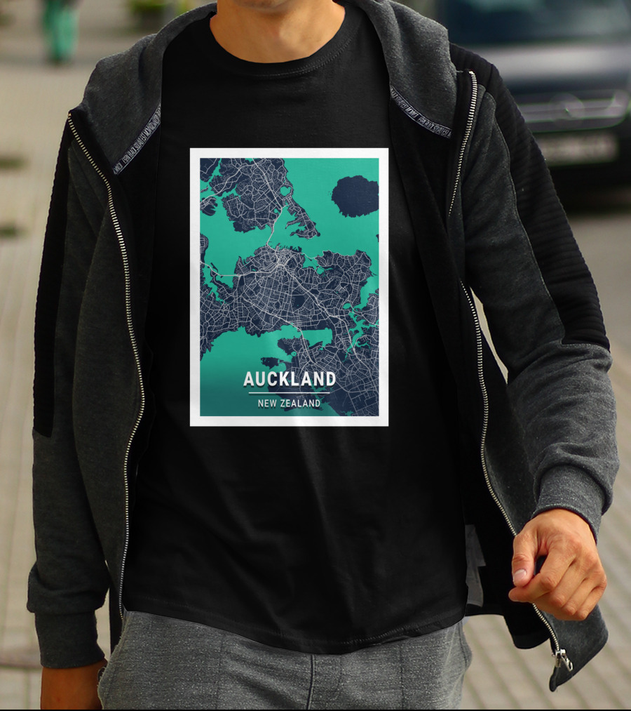 Auckland New Zealand City Map In Blue And Green Outlined T-Shirt