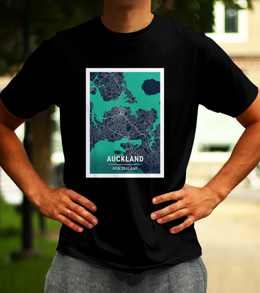 Auckland New Zealand City Map In Blue And Green Outlined T-Shirt