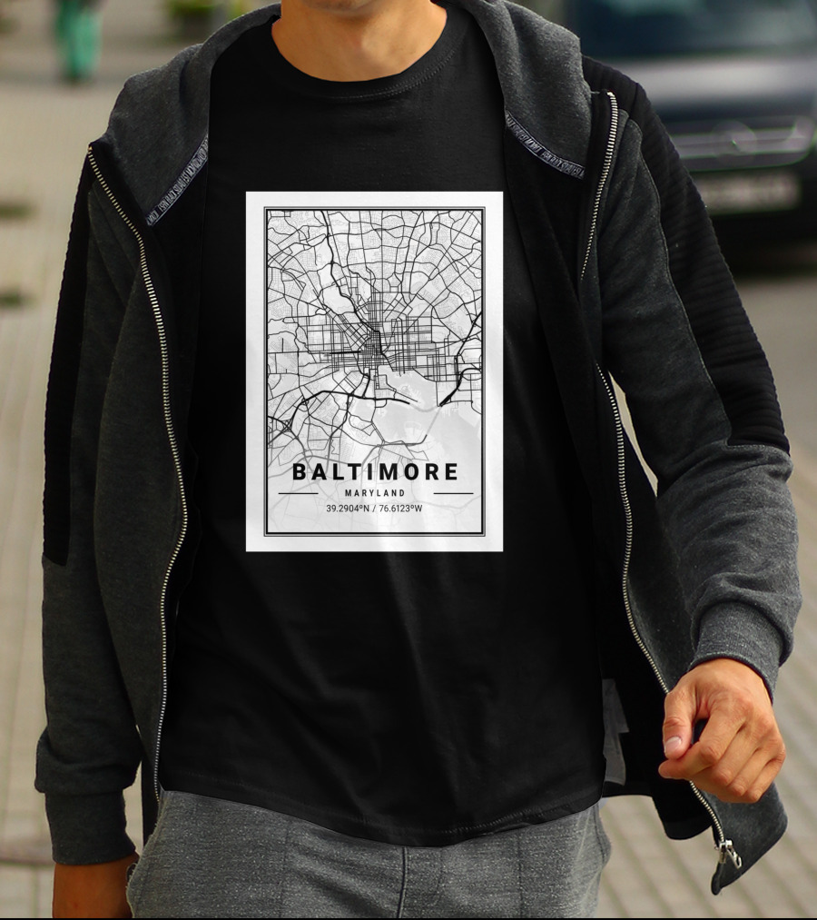 Baltimore Maryland City Map Coordinates 39.2904°N 76.6123°W T-Shirt
