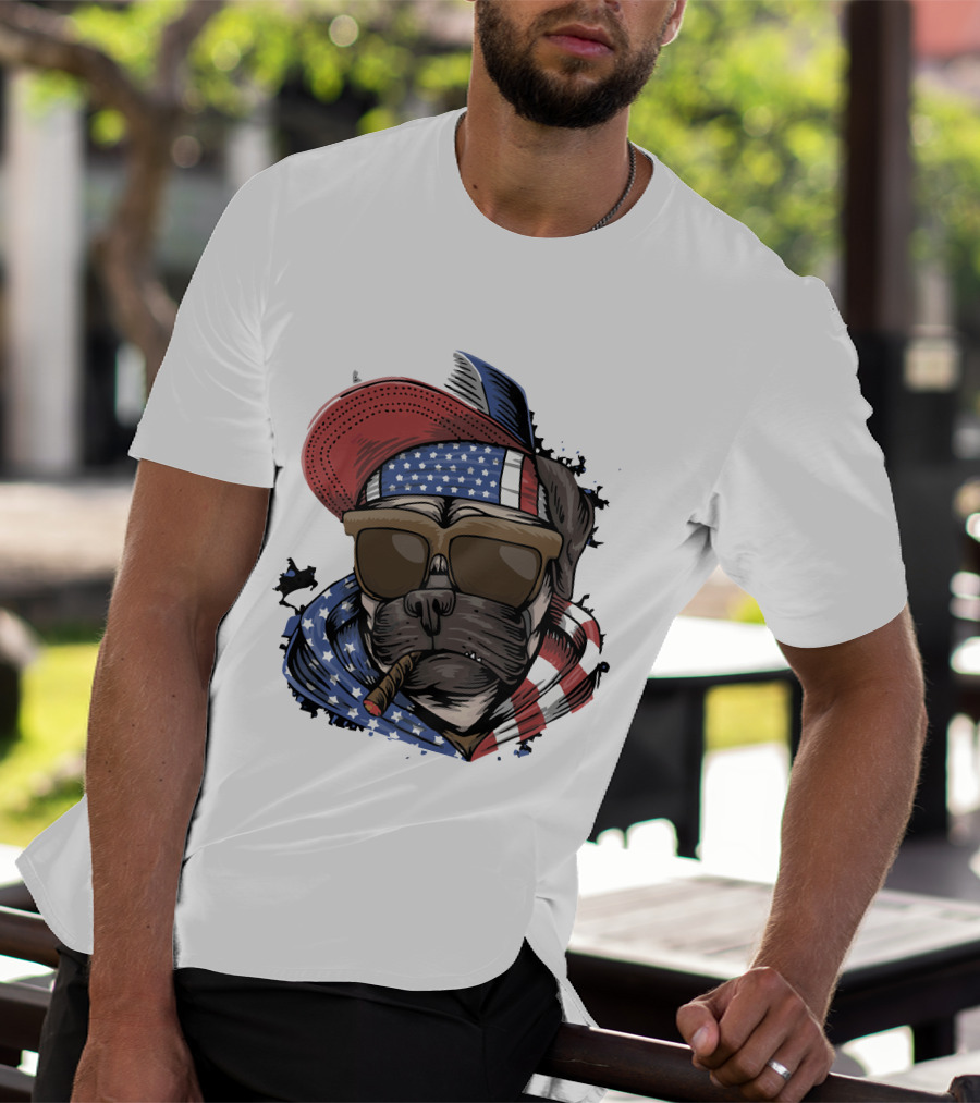 Pit Bull Boss American Flag Sunglasses Bandana Cigar Cool Dog T-Shirt