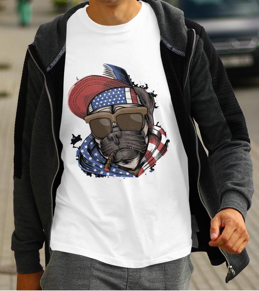 Pit Bull Boss American Flag Sunglasses Bandana Cigar Cool Dog T-Shirt