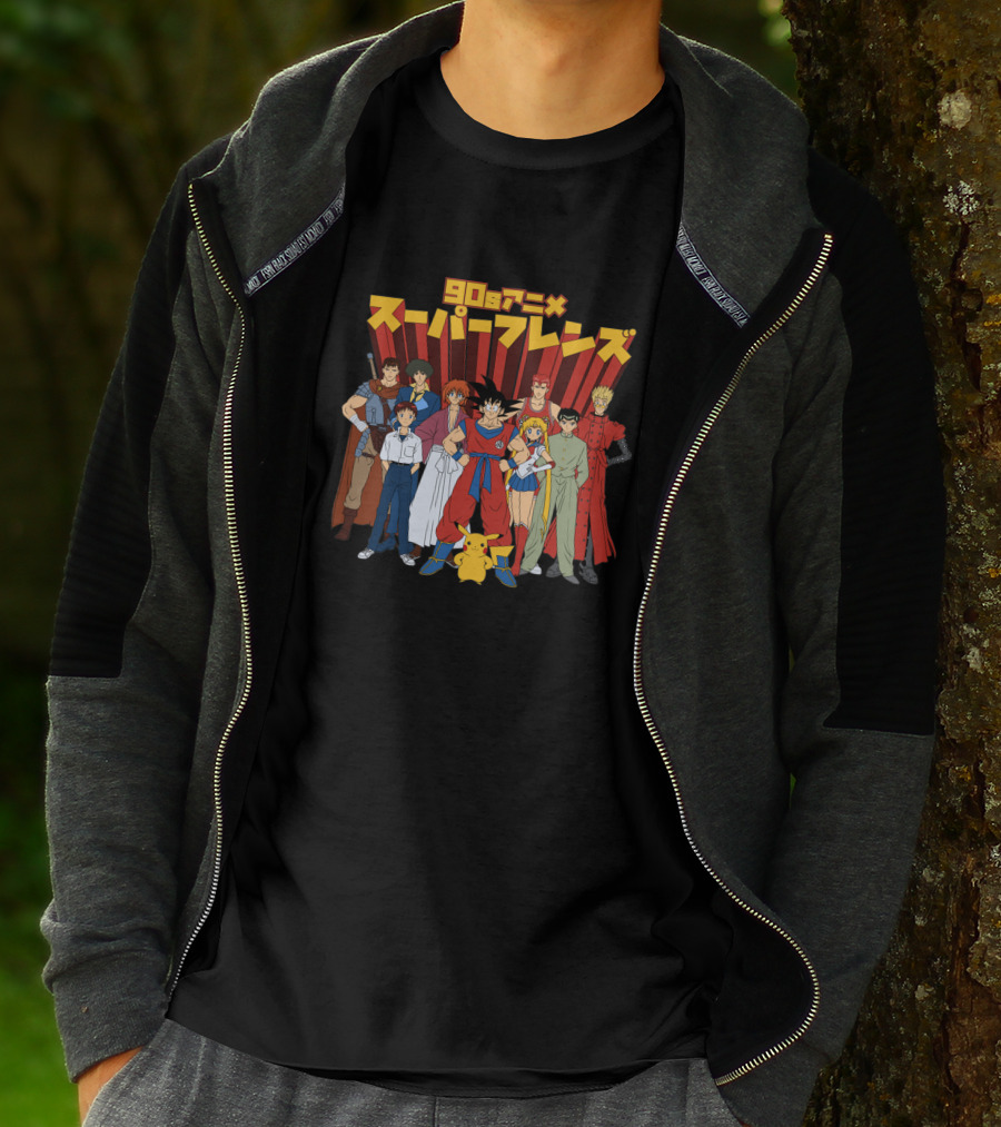 90s Anime Super Friends Characters Pikachu Japanese Text T-Shirt
