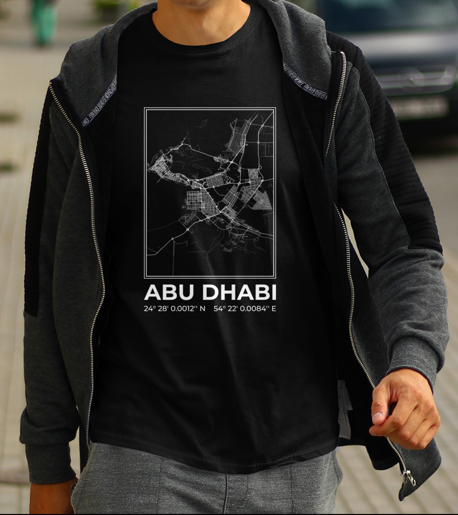 Abu Dhabi Minimalist Map Black 24° 28' 0.0012'' N 54° 22' 0.0084'' E T-Shirt