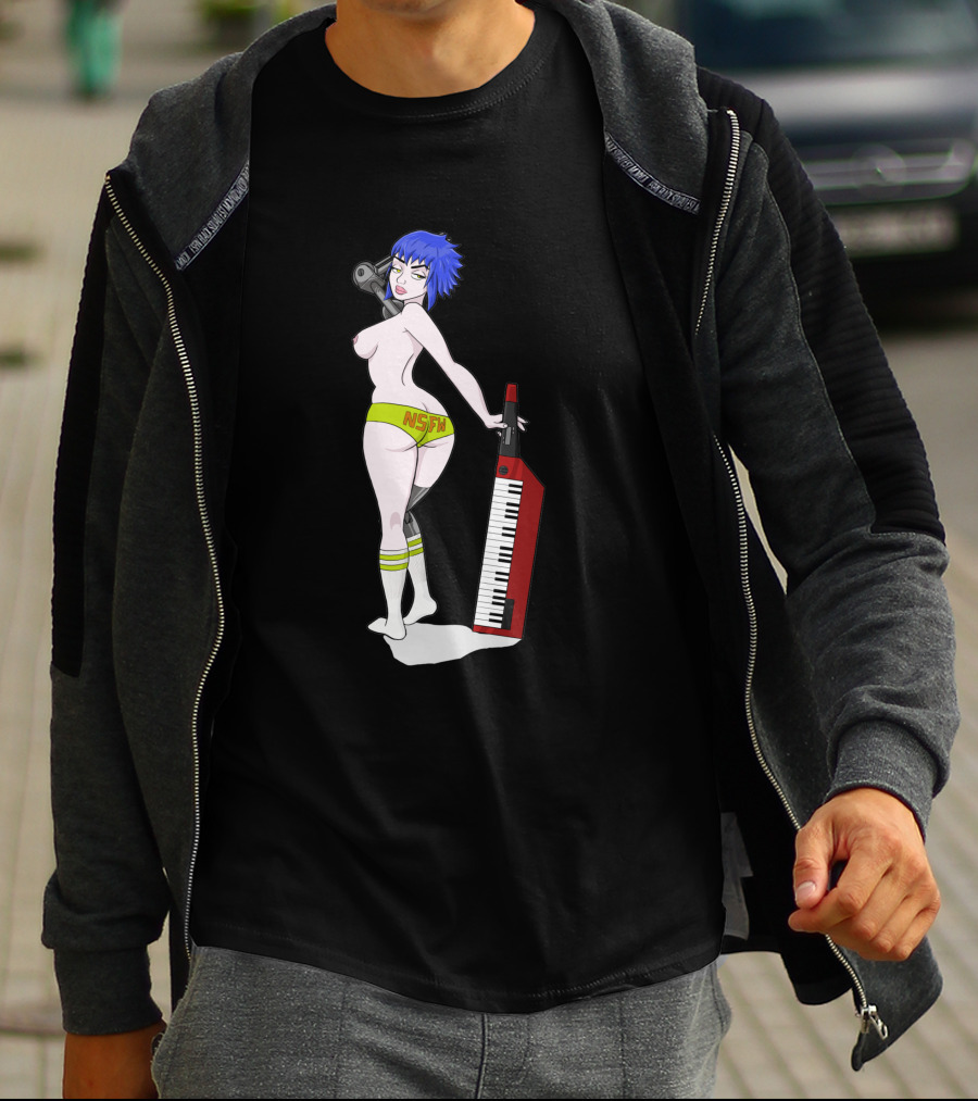 Anne Top Down 1384413 NSFW Keyboard Girl With Blue Hair And Yellow Shorts T-Shirt