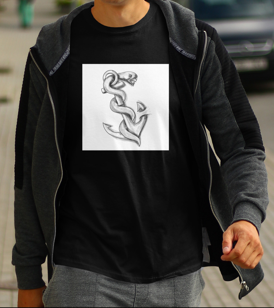 Asclepius Snake Wrapped Around Nautical Anchor T-Shirt