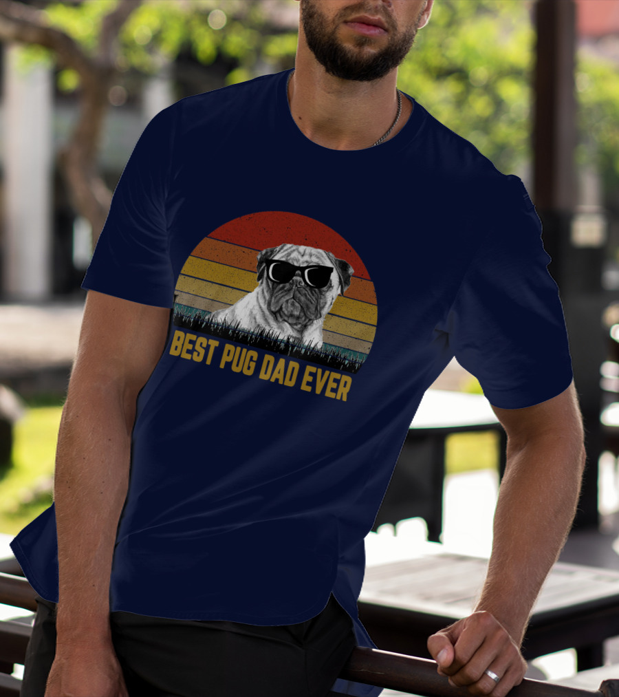 Best Pug Dad Ever Sunglasses Retro Sunset Background T-Shirt