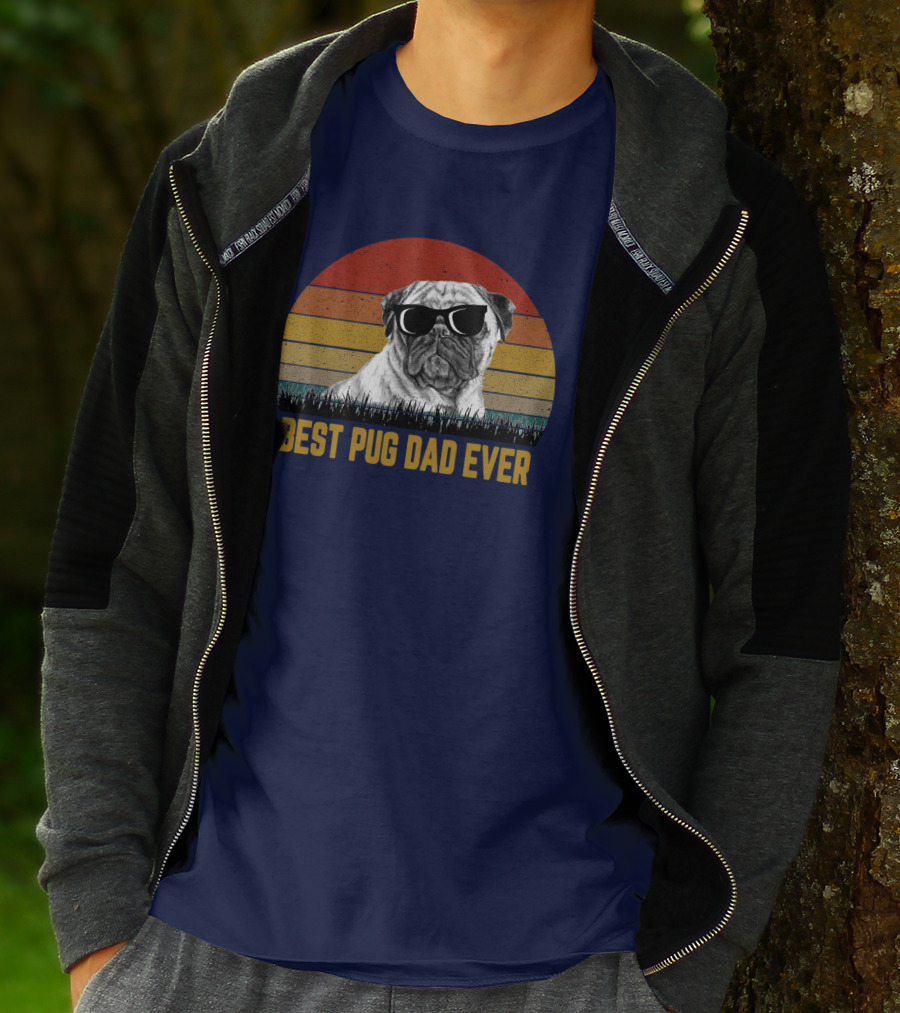 Best Pug Dad Ever Sunglasses Retro Sunset Background T-Shirt