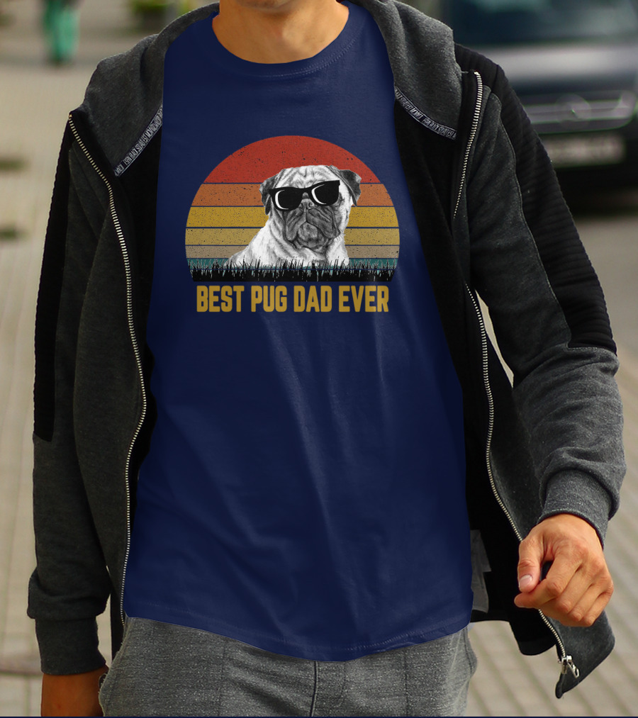 Best Pug Dad Ever Sunglasses Retro Sunset Background T-Shirt
