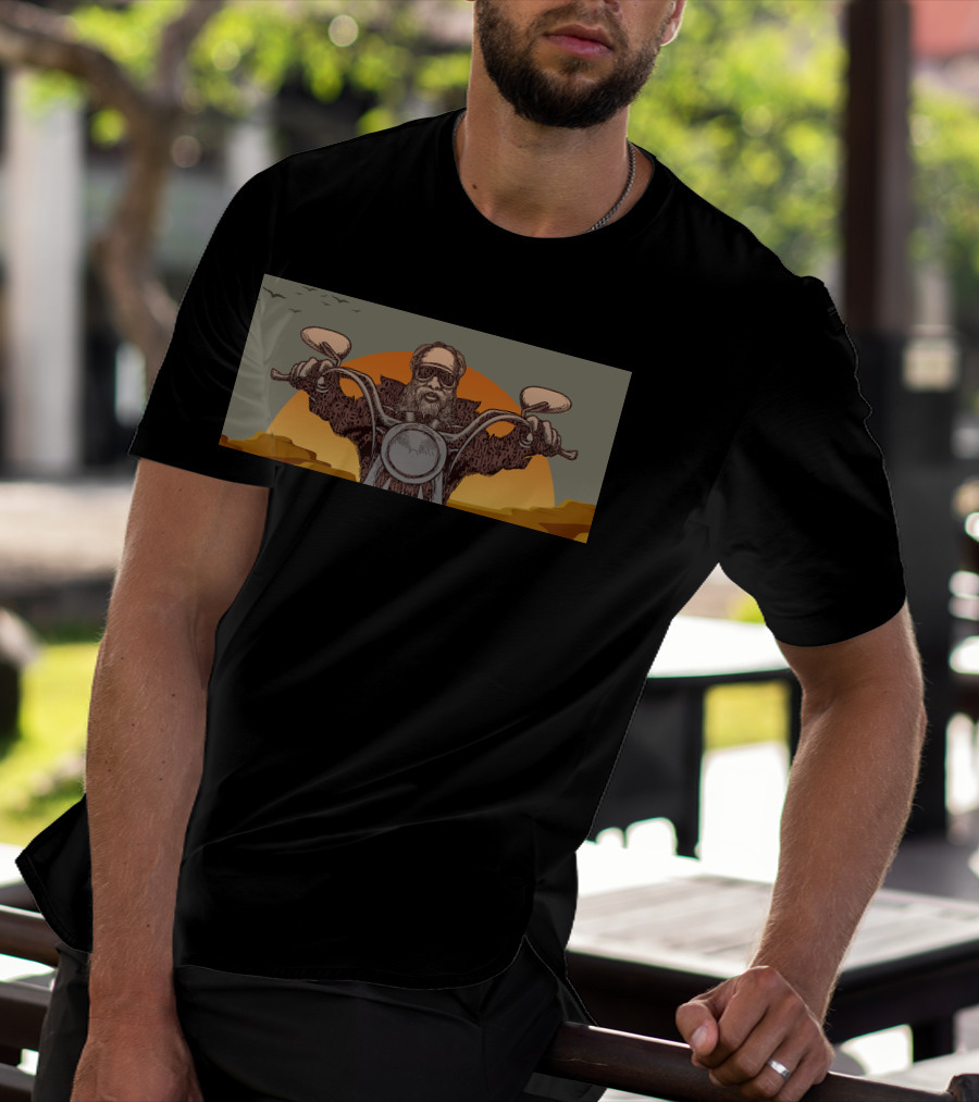 Biker Grandpa Riding Motorcycle At Sunset With Birds In Background T-Shirt