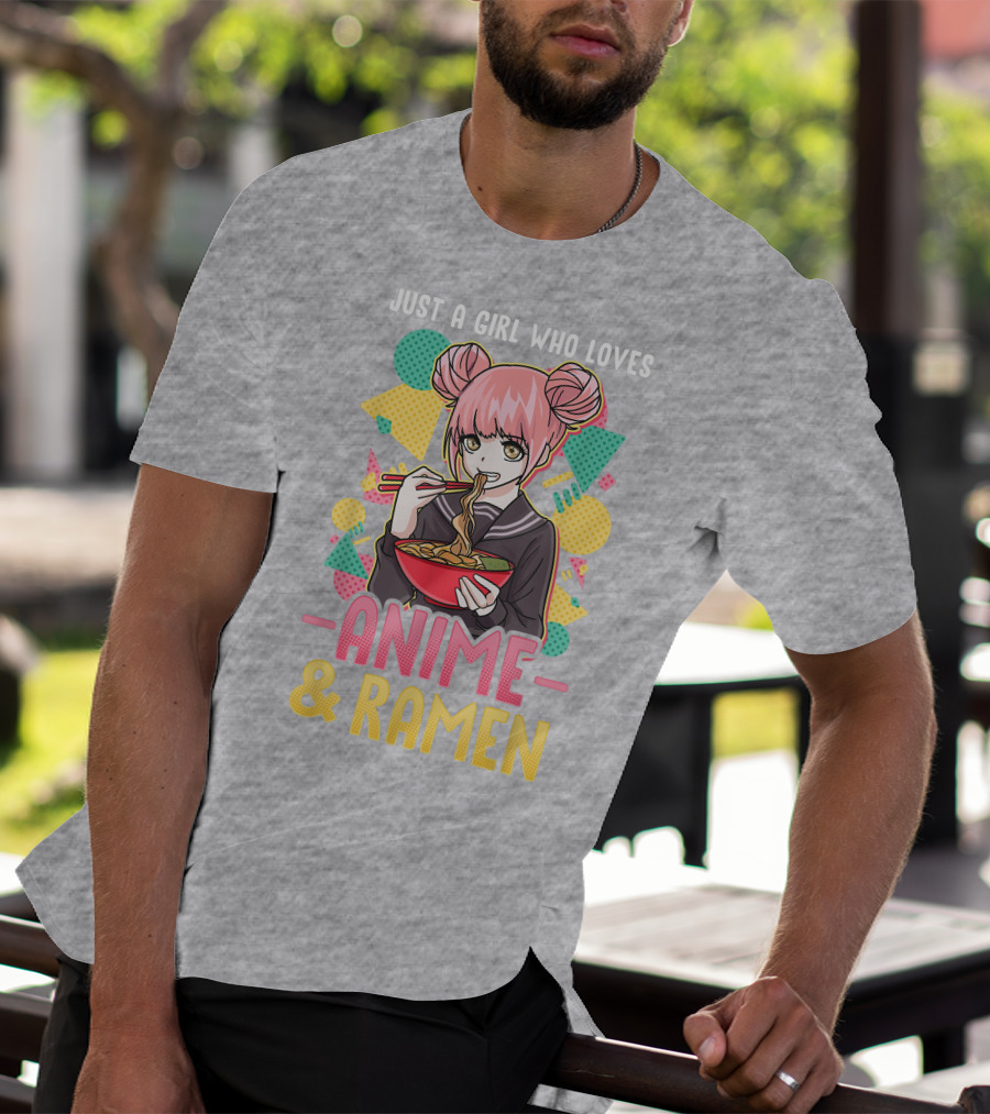 Just A Girl Who Loves Anime And Ramen With Pink-Haired Character Eating Noodles T-Shirt