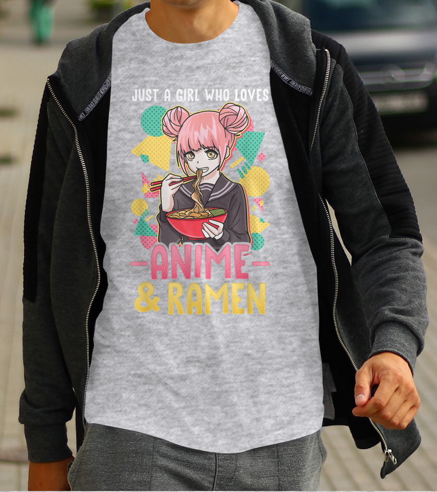 Just A Girl Who Loves Anime And Ramen With Pink-Haired Character Eating Noodles T-Shirt