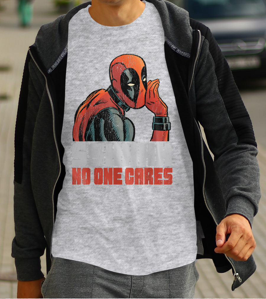 Marvel Deadpool SSHHHH No One Cares Whisper Red And Black Suit Hero T-Shirt