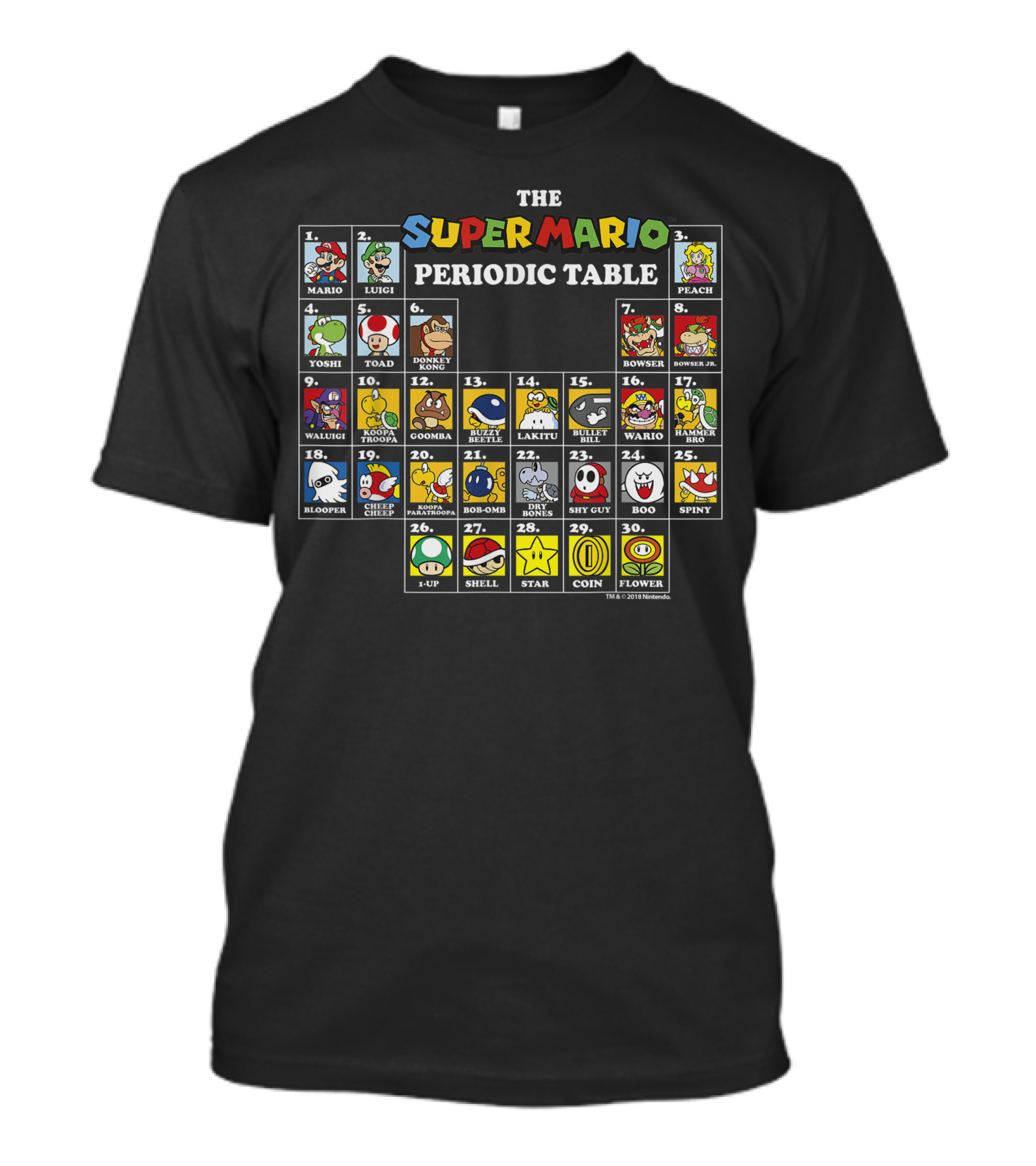 Super Mario Periodic Table Featuring Luigi Peach Yoshi Bowser Toad Donkey Kong And More Iconic Characters T-Shirt