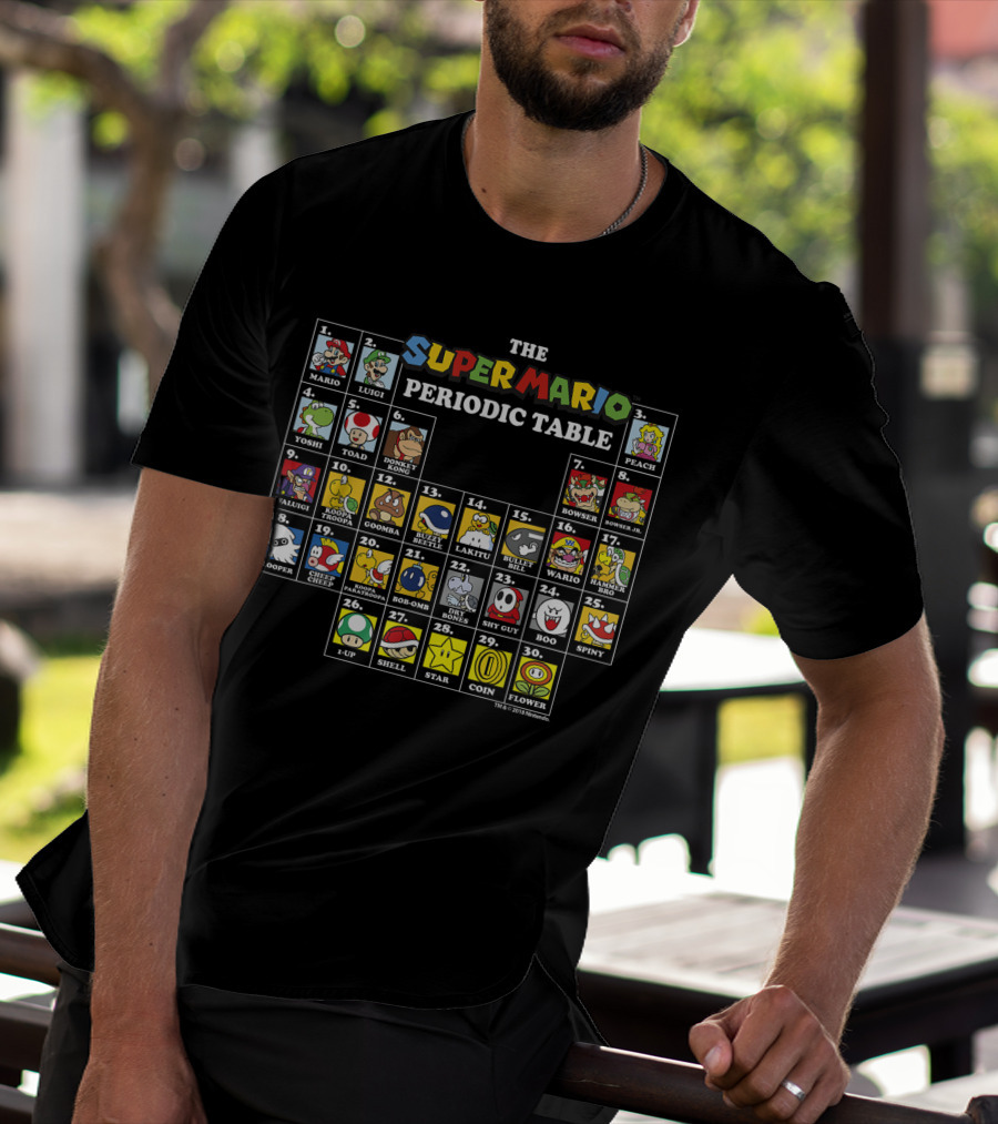 Super Mario Periodic Table Featuring Luigi Peach Yoshi Bowser Toad Donkey Kong And More Iconic Characters T-Shirt