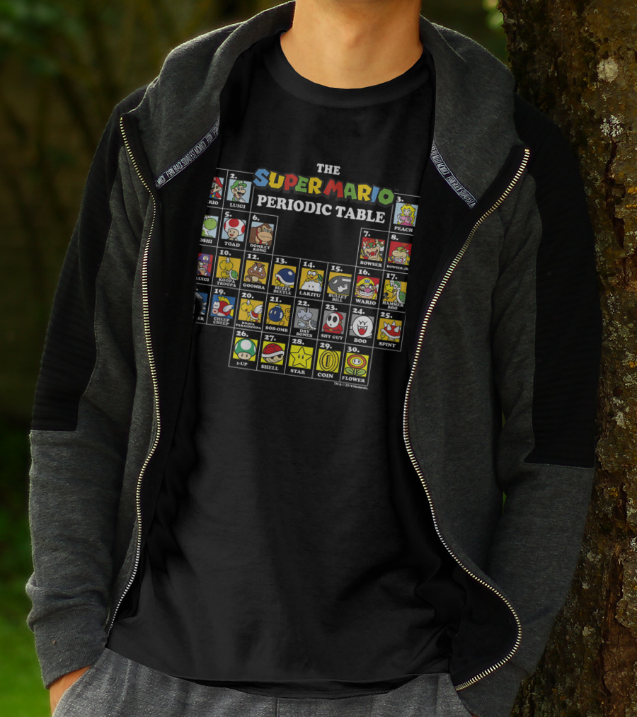 Super Mario Periodic Table Featuring Luigi Peach Yoshi Bowser Toad Donkey Kong And More Iconic Characters T-Shirt