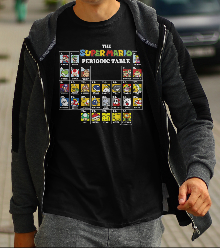 Super Mario Periodic Table Featuring Luigi Peach Yoshi Bowser Toad Donkey Kong And More Iconic Characters T-Shirt