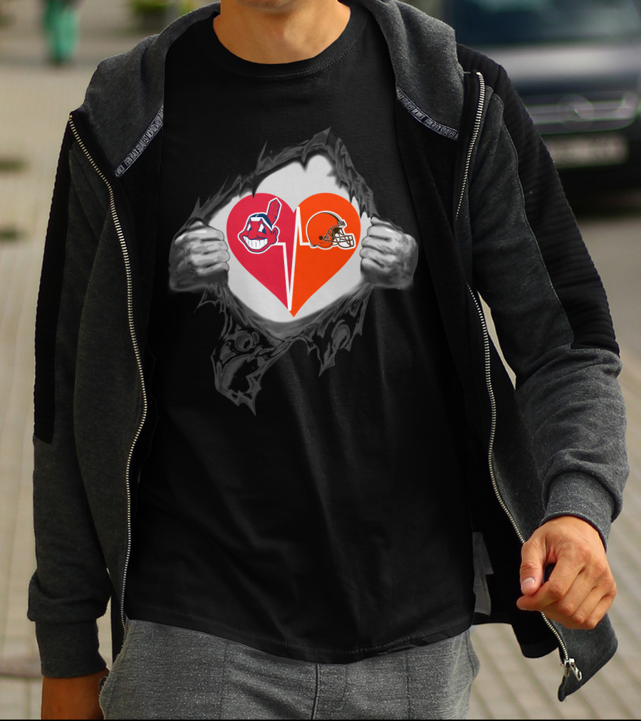 Cleveland Browns Heart With Cleveland Indians Logo Inside Torn Chest T-Shirt