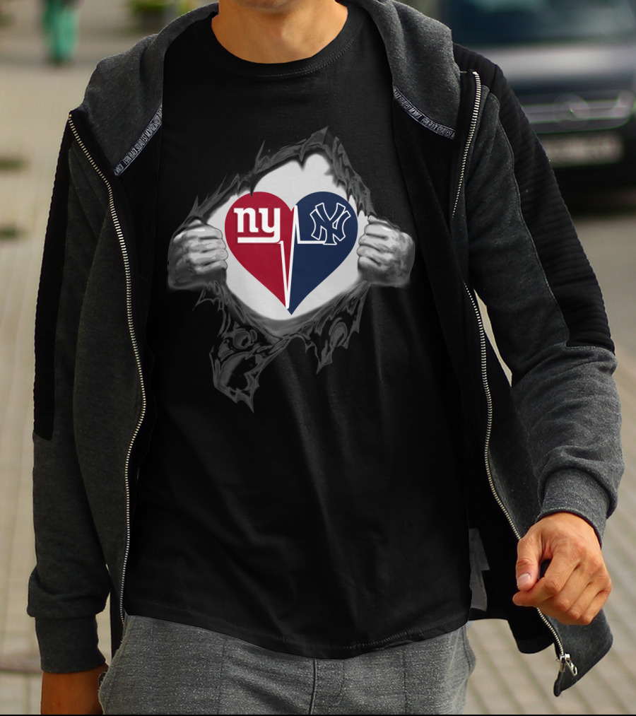 New York Giants And Yankees Heartbeat Fusion T-Shirt
