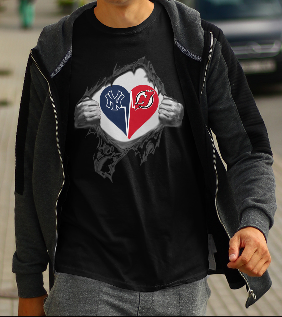 New York Yankees New Jersey Devils Heart Logos Split T-Shirt