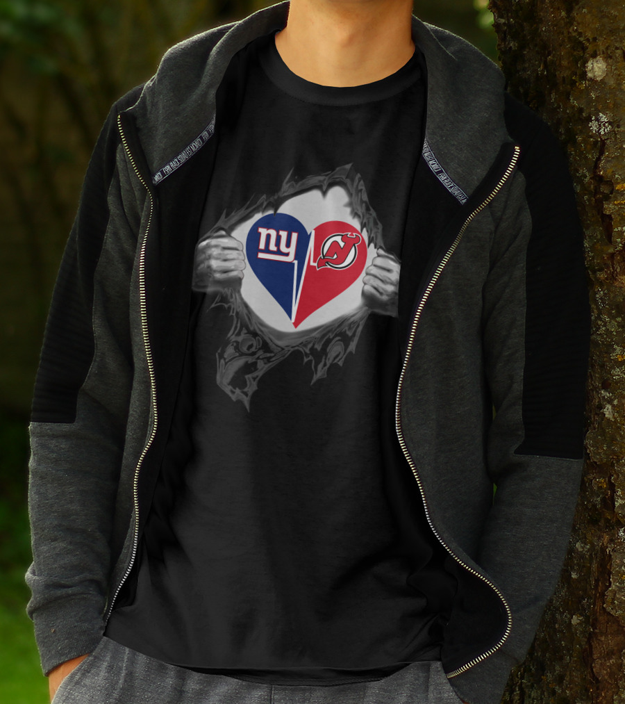 Ny Giants New Jersey Devils Heart Logo Nfl Nhl Fan Fusion T-Shirt