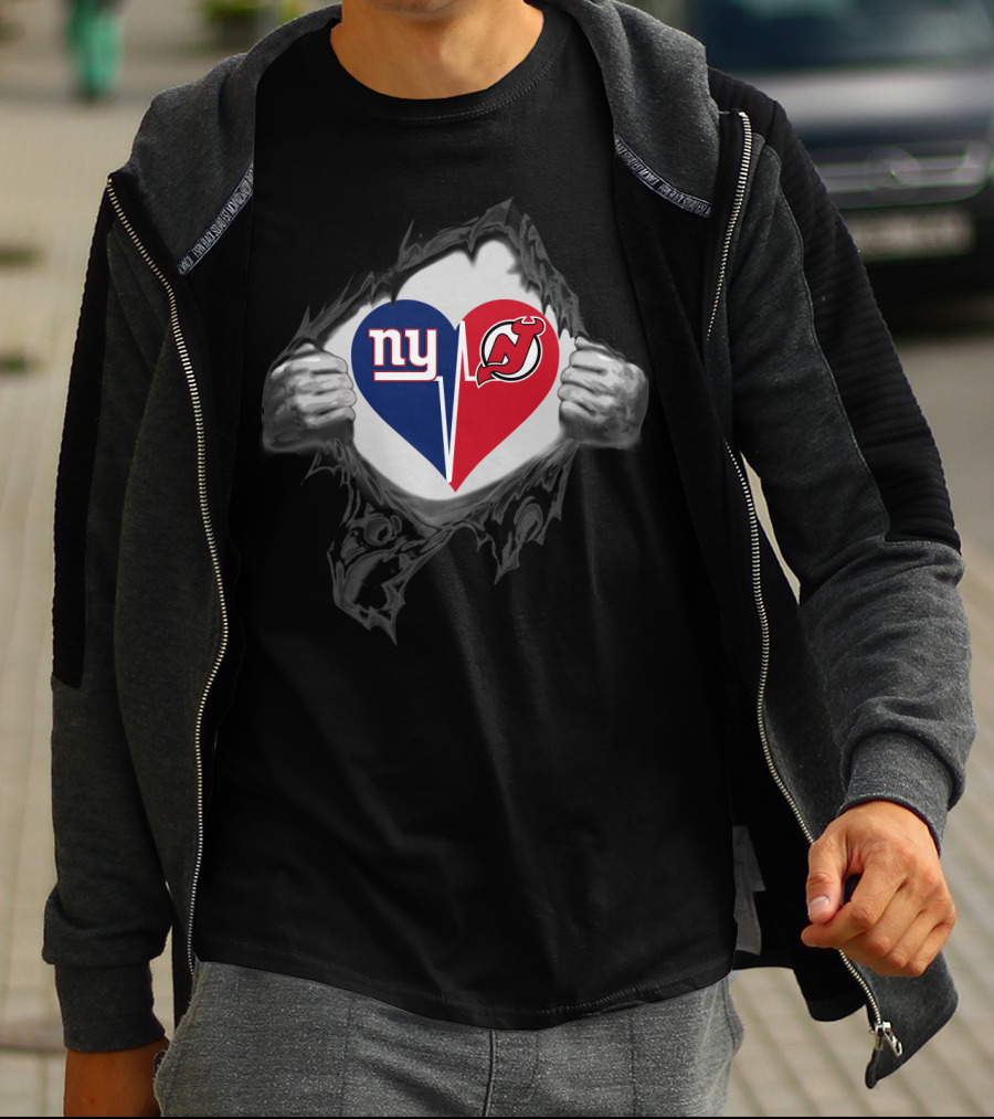 Ny Giants New Jersey Devils Heart Logo Nfl Nhl Fan Fusion T-Shirt