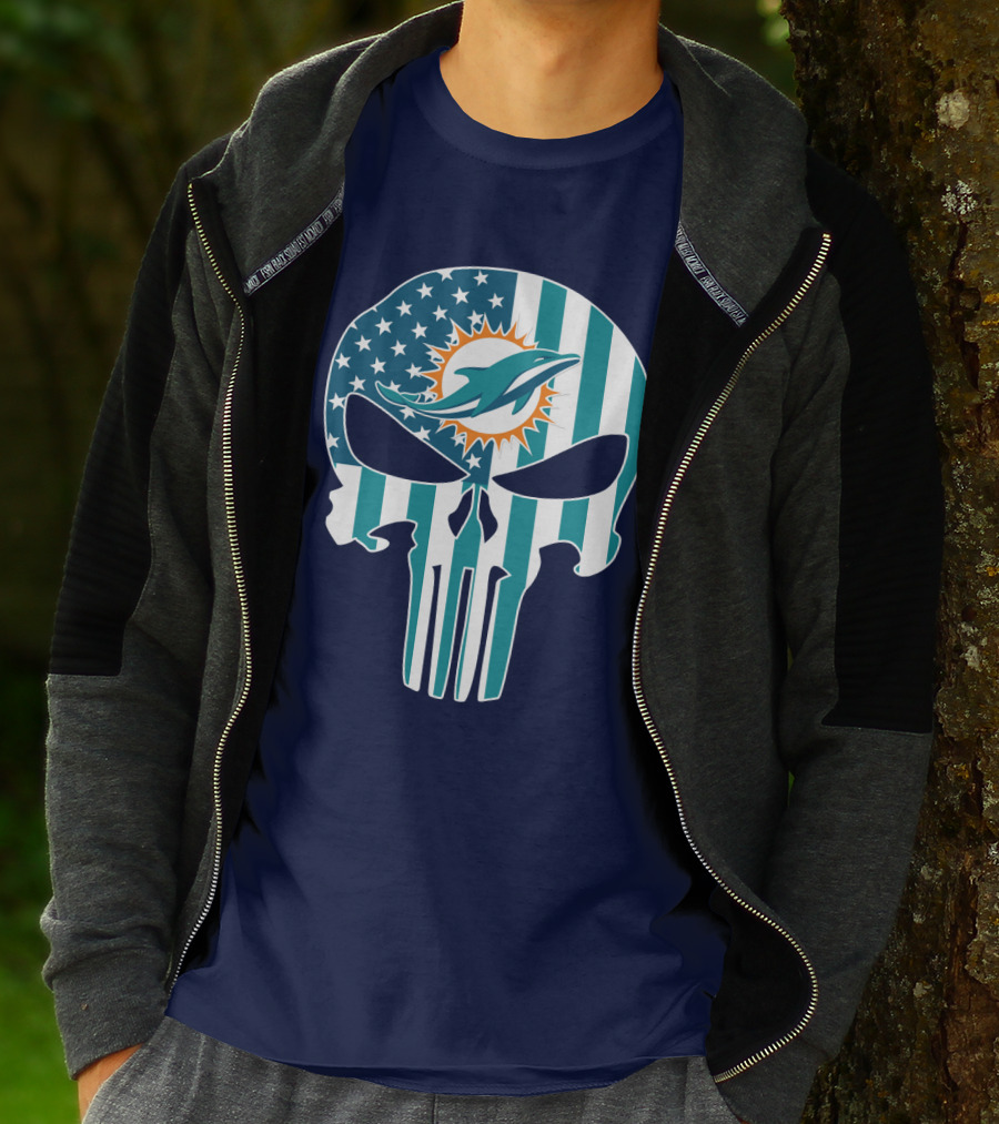 Miami Dolphins Punisher Skull American Flag T-Shirt