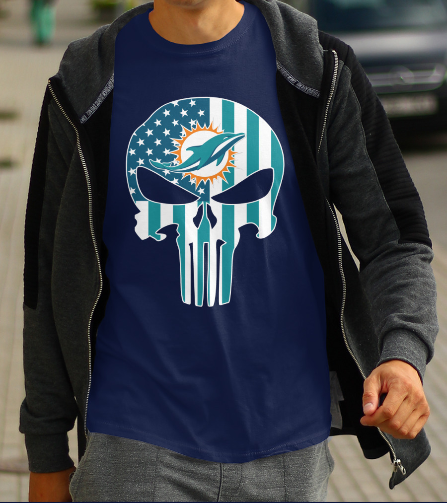 Miami Dolphins Punisher Skull American Flag T-Shirt