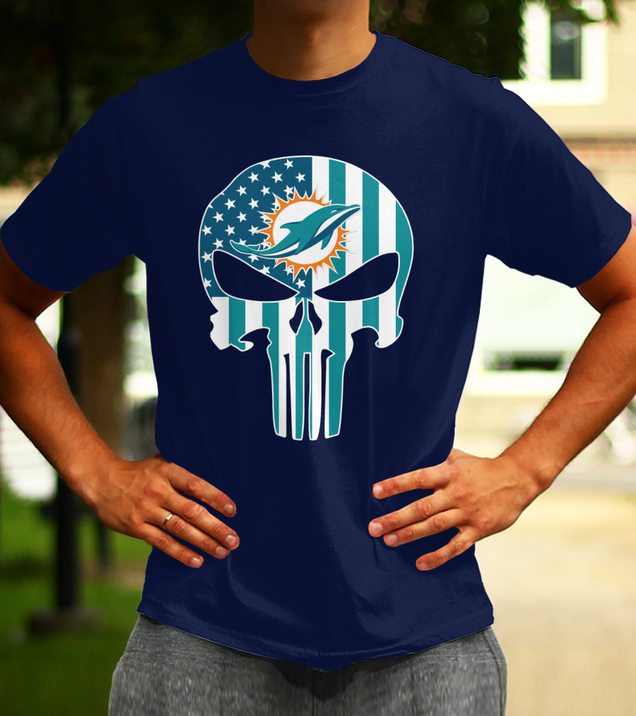 Miami Dolphins Punisher Skull American Flag T-Shirt