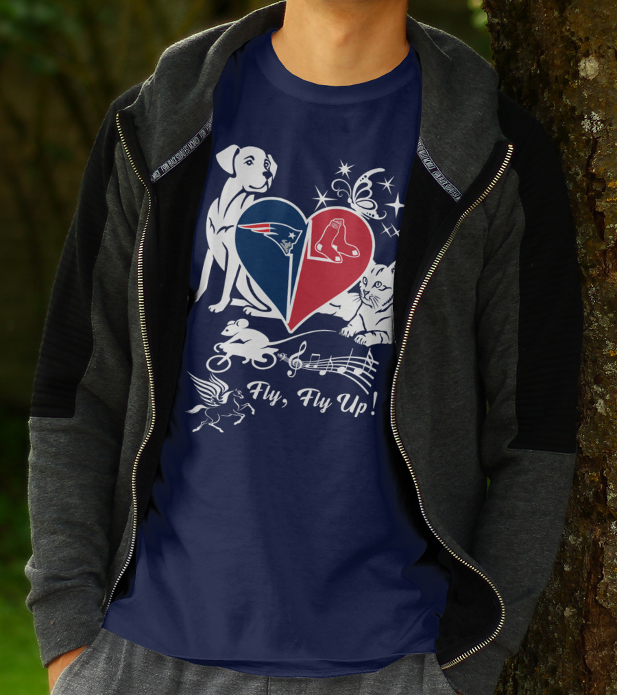 New England Patriots Red Sox Heart With Animals And Fly Fly Up T-Shirt