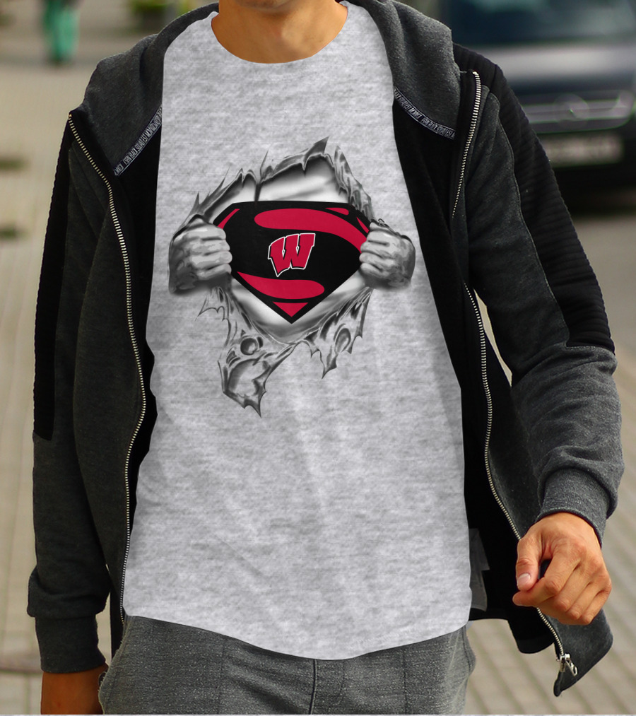 Wisconsin Badgers Superman Logo Ripped Chest T-Shirt