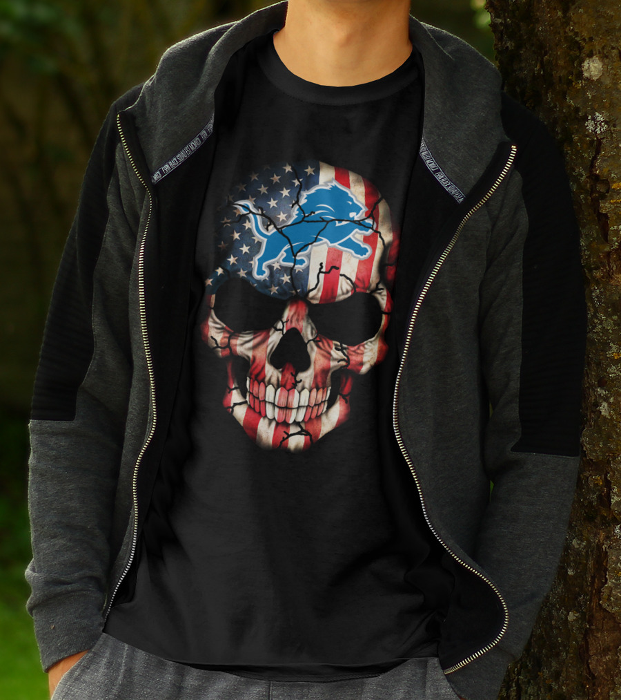 Detroit Lions American Flag Skull T-Shirt