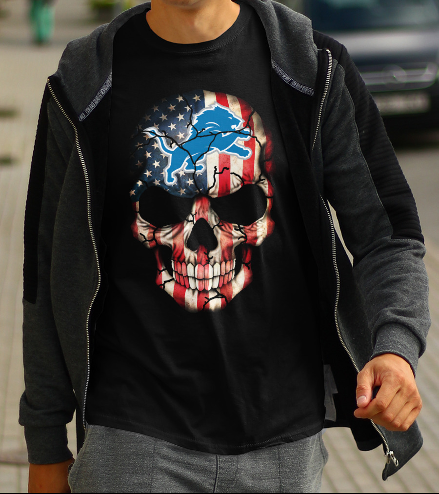 Detroit Lions American Flag Skull T-Shirt